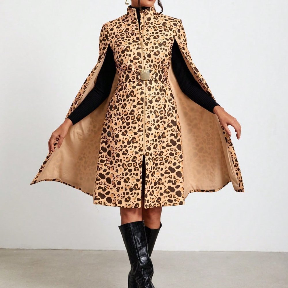 Multicolor Preppy Womens Leopard Print Cloak Sleeve Open Front Cape Coat - Picture 3 of 5